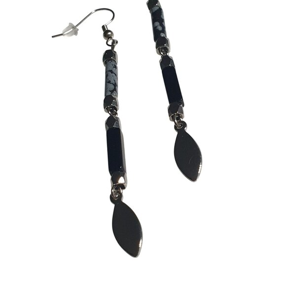 Black Hematite Snowflake Obsidian Dangle Earrings Handmade Jewelry Women Gift - Picture 2 of 3